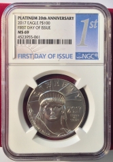 Платиновая монета 100 долларов "Американский Орел", 31.1 гр. Pt999, В СЛАБЕ NGC MS69